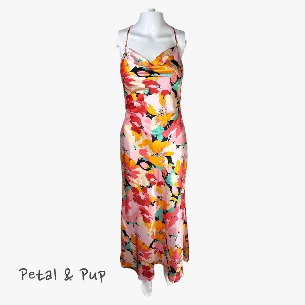 Petal & Pup Open Back Sheer Midi Dress in Pink Floral Glam Party